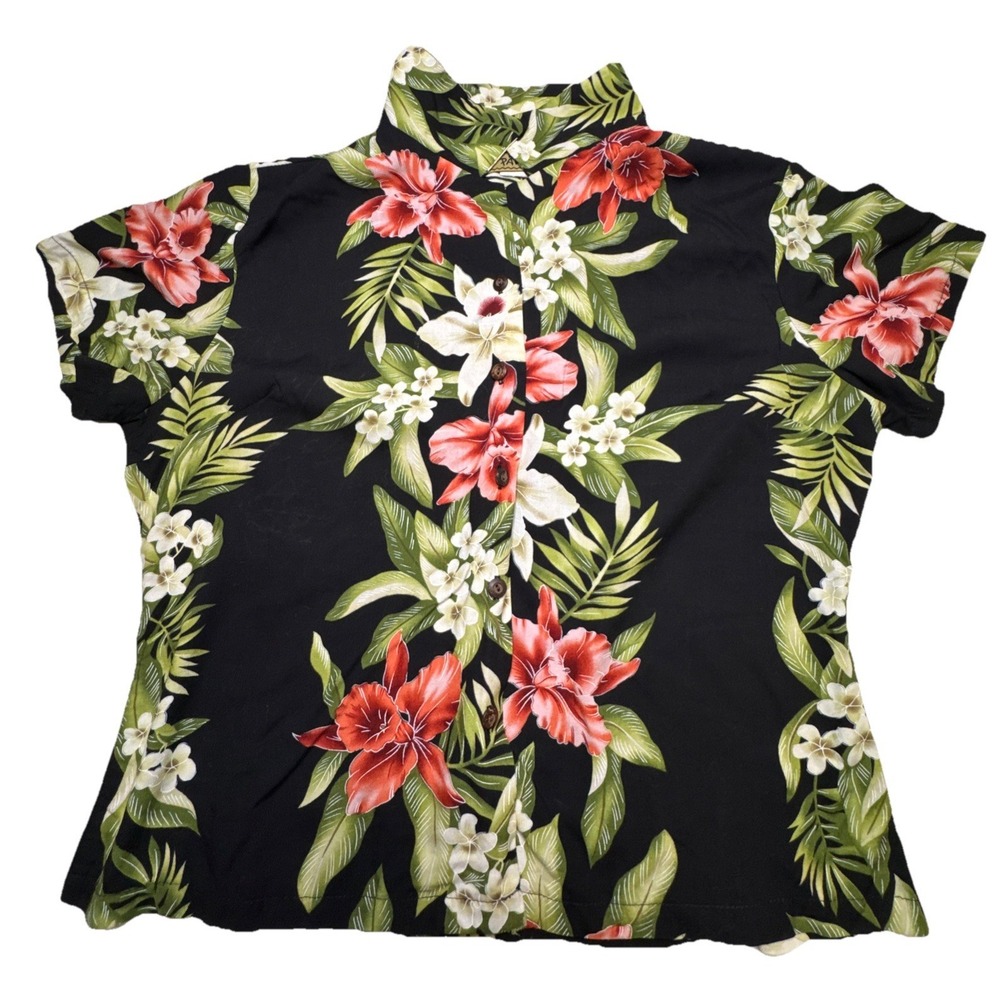 Two Palms Hawaiian Shirt Womens Large Black Floral Rayon Made in Hawaii Tropical